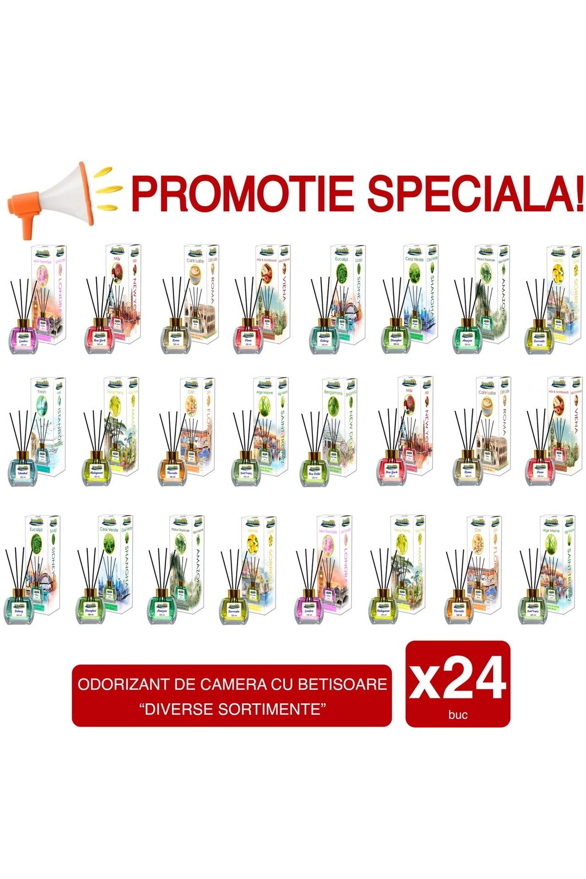 Set Odorizant de Cameră cu Bețișoare Parfumate Orașe din Lume 120ml - Arome Asortate, Pachet de 24