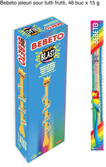 BEBETO Sour Blast – Tutti Frutti – 15g x 48 Bucăți - Jeleuri Acrișoare Umplute cu Gust Fructat Inten