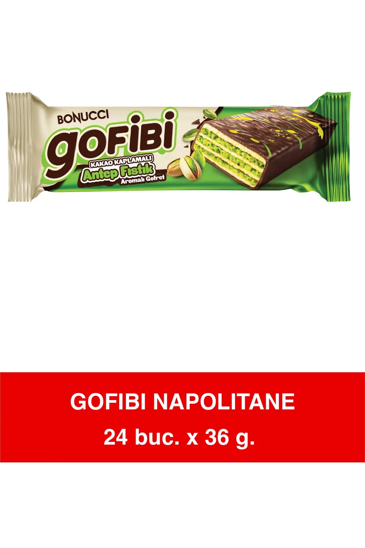 Bonucci Gofibi Napolitan Stil Dubai Napolitană cu ciocolată și fistic, Gustare crocantă cu nuci, 24 pachete x 36g
