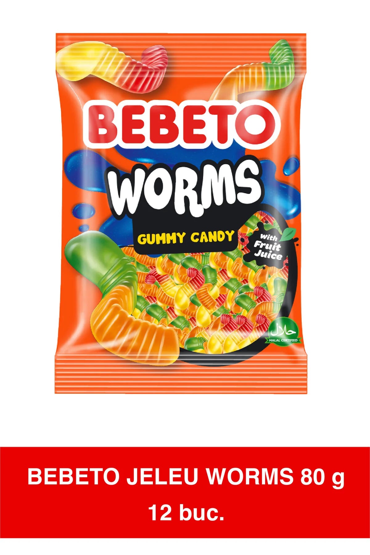 Jeleuri acide în formă de viermi, gumate, cu gust de fructe și acrișoare, 12 pachete x 80g