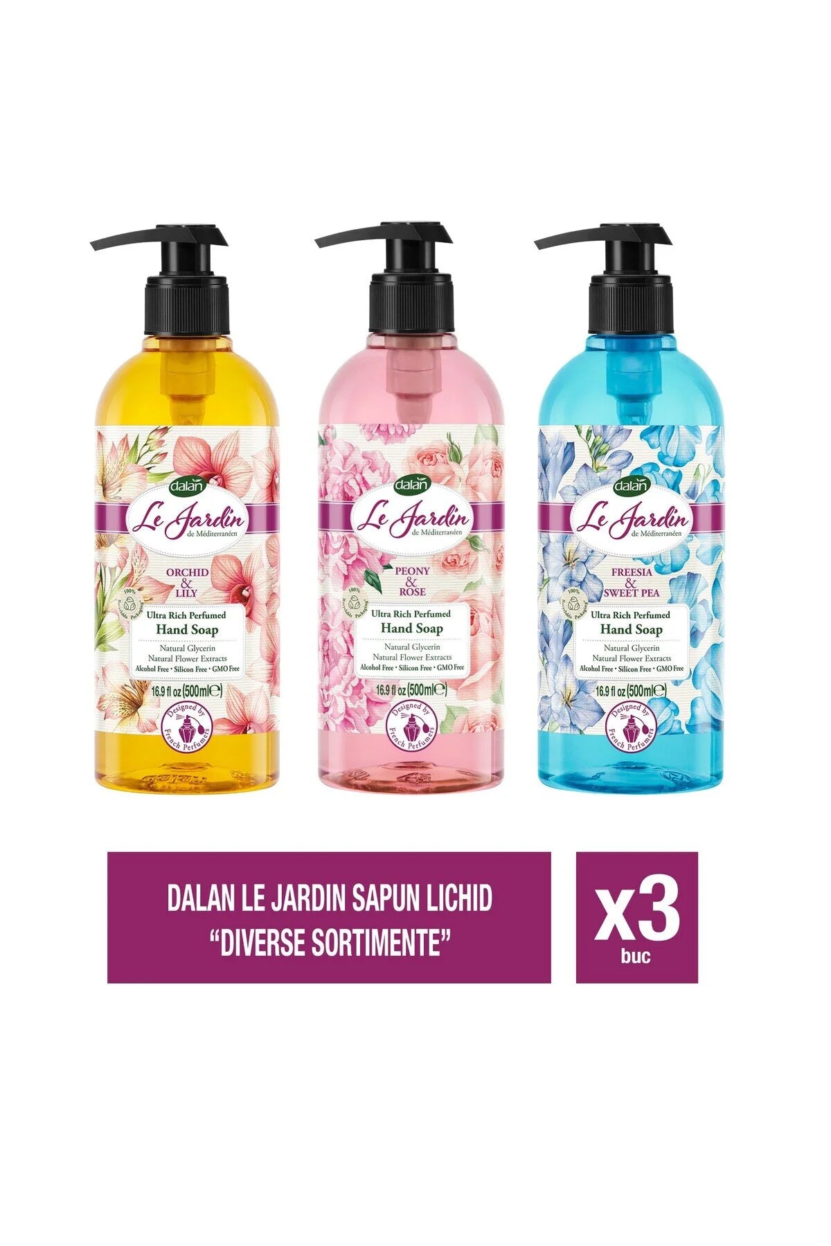 Le Jardin – Săpun lichid hidratant, arome variate, set 3 x flacoane