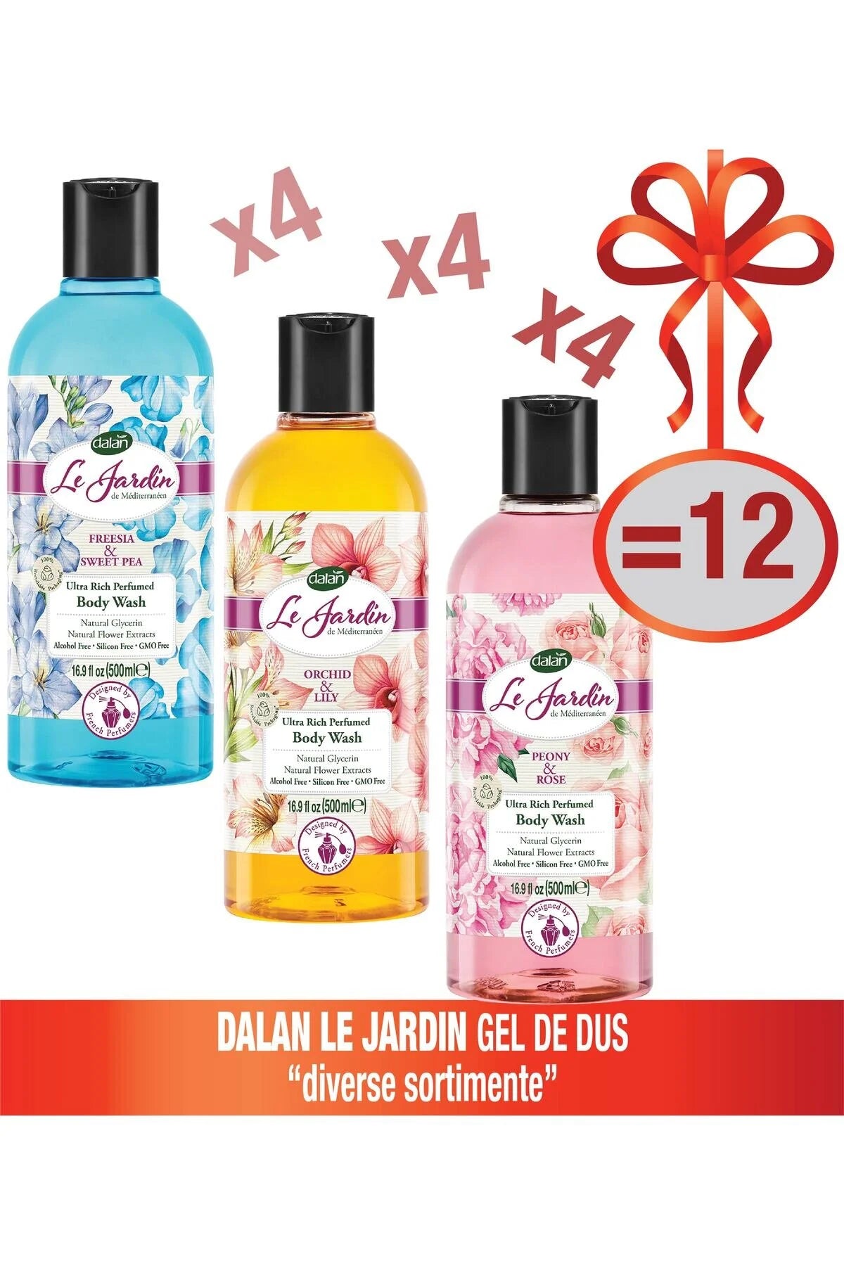Set de gel de duș Le Jardin 4 x 3 – Frezie și Mazăre dulce / Orhidee și Crin / Bujor și Trandafir