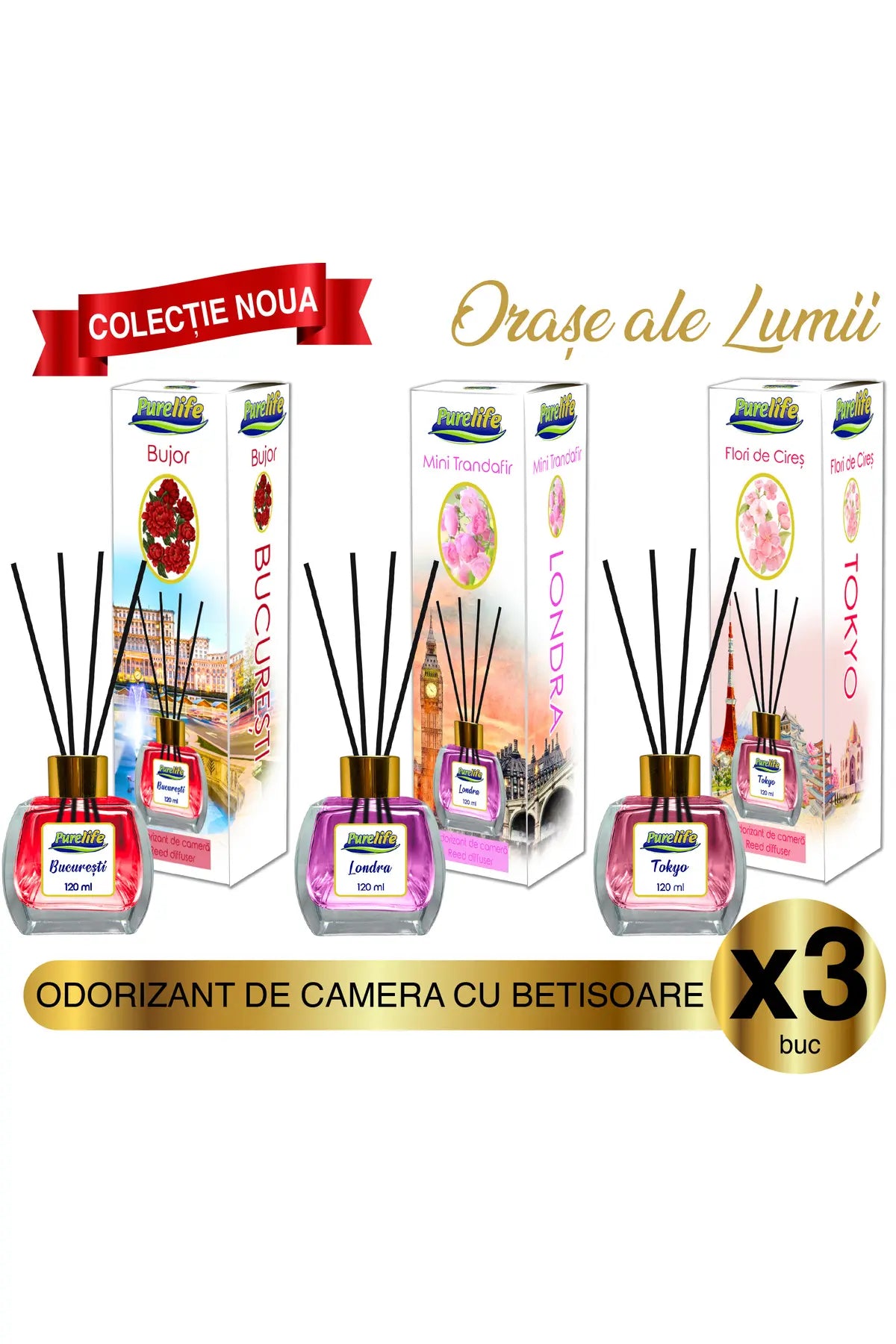 Parfum de cameră Pure Life Bujor Bujor București, Mini Trandafiri Londra și Flori de Cireș Tokyo, pachet de 3, 120 ml