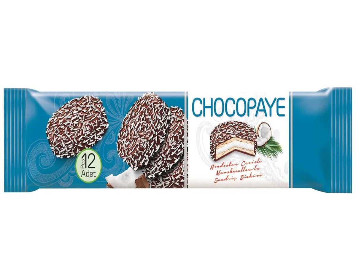 Paradise CHOCO PAYE – Biscuiti cu Marshmallow, Cocos si Glazura Cacao & Lapte – 216g x 12