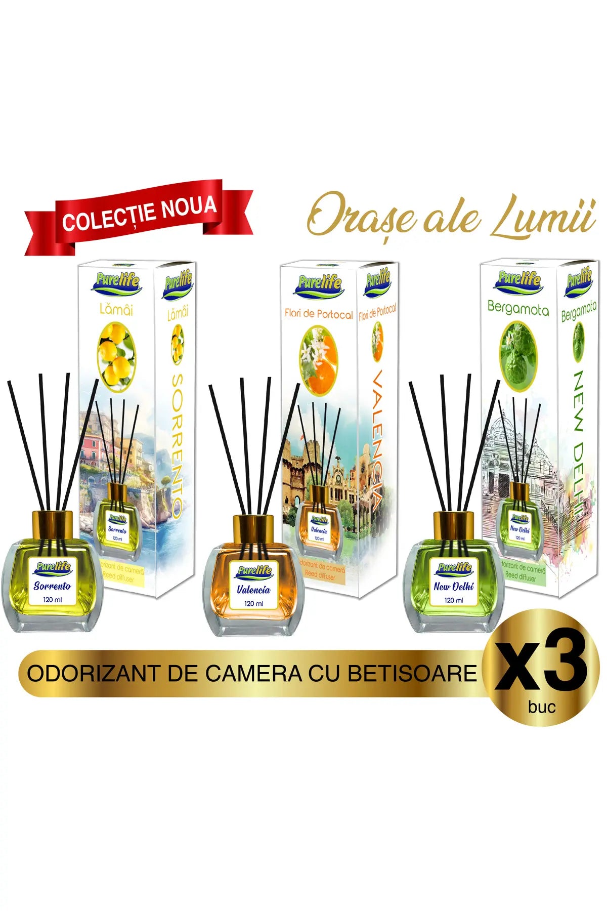 Parfum de cameră Pure Life Sorrento Lemon, Valencia Orange Flowers și New Delhi Bergamot, pachet de 3, 120 ml