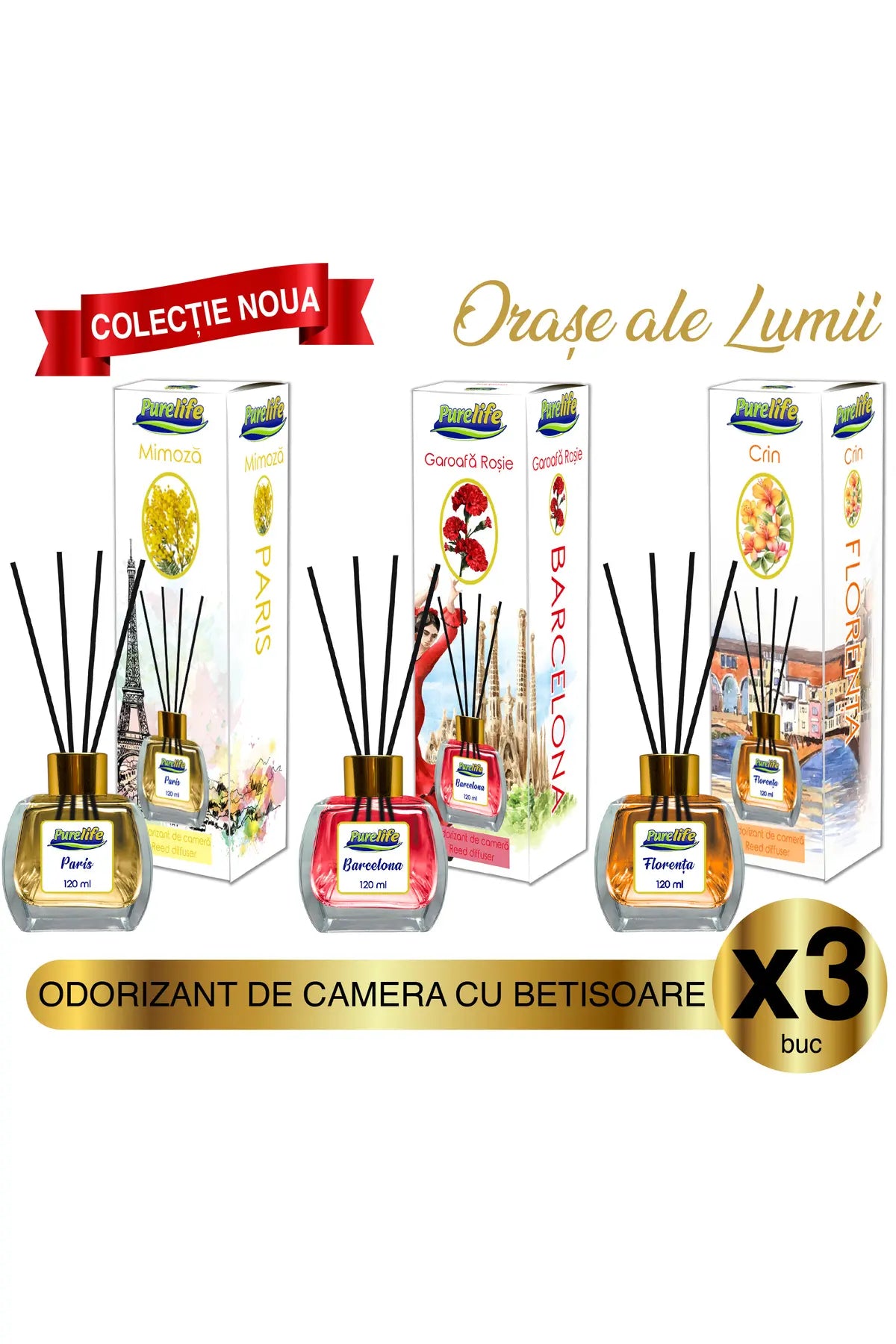Parfum de cameră Pure Life Paris Mimosa, Garoafă roșie Barcelona și Crin Florența, pachet de 3, 120 ml