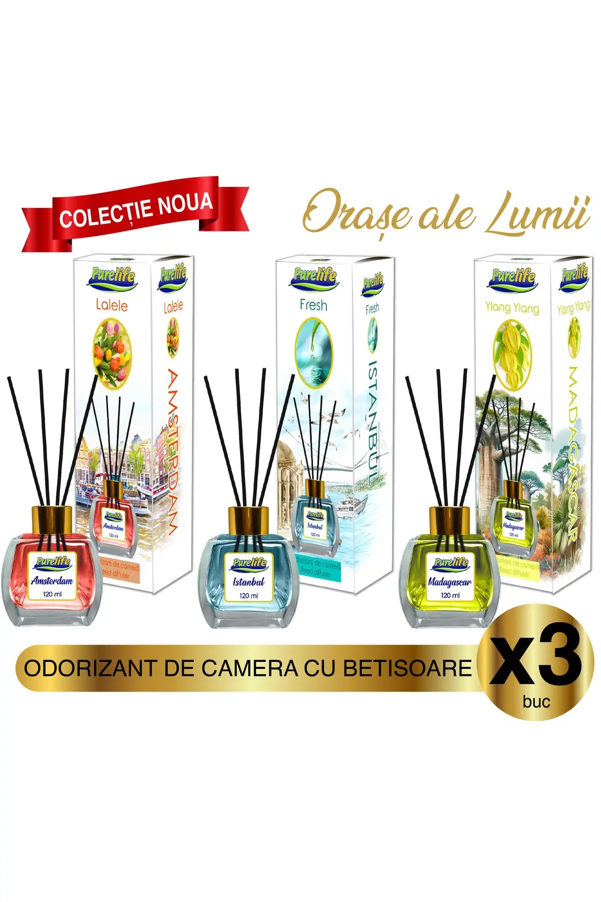 Parfum de cameră Pure Life Amsterdam Tulips, Istanbul Fresh și Madagascar Ylang Ylang, pachet de 3, 120 ml