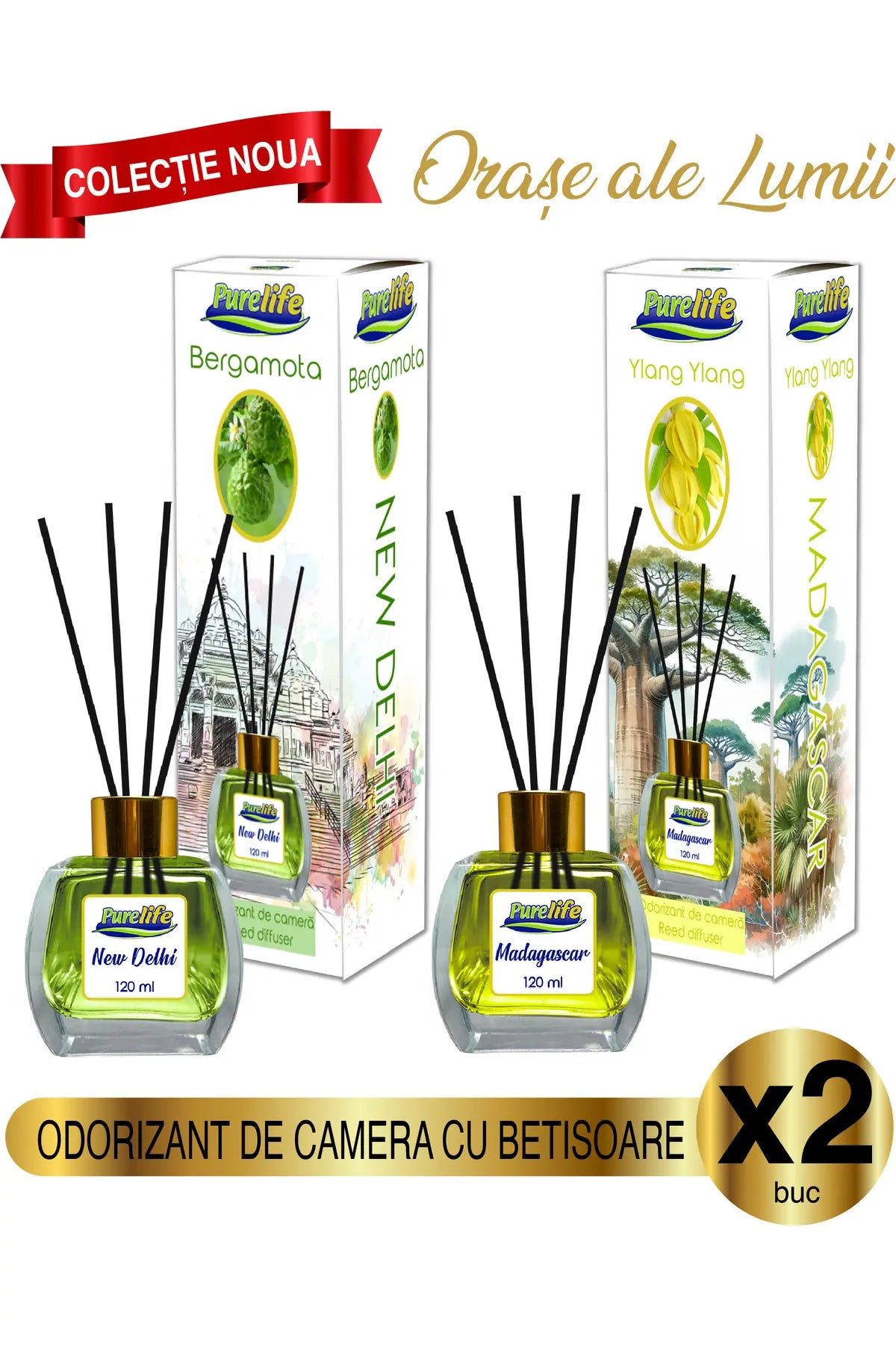 Set de parfumuri de cameră Pure Life New Delhi Bergamotă și Ylang Ylang de Madagascar 2 x 120 ml