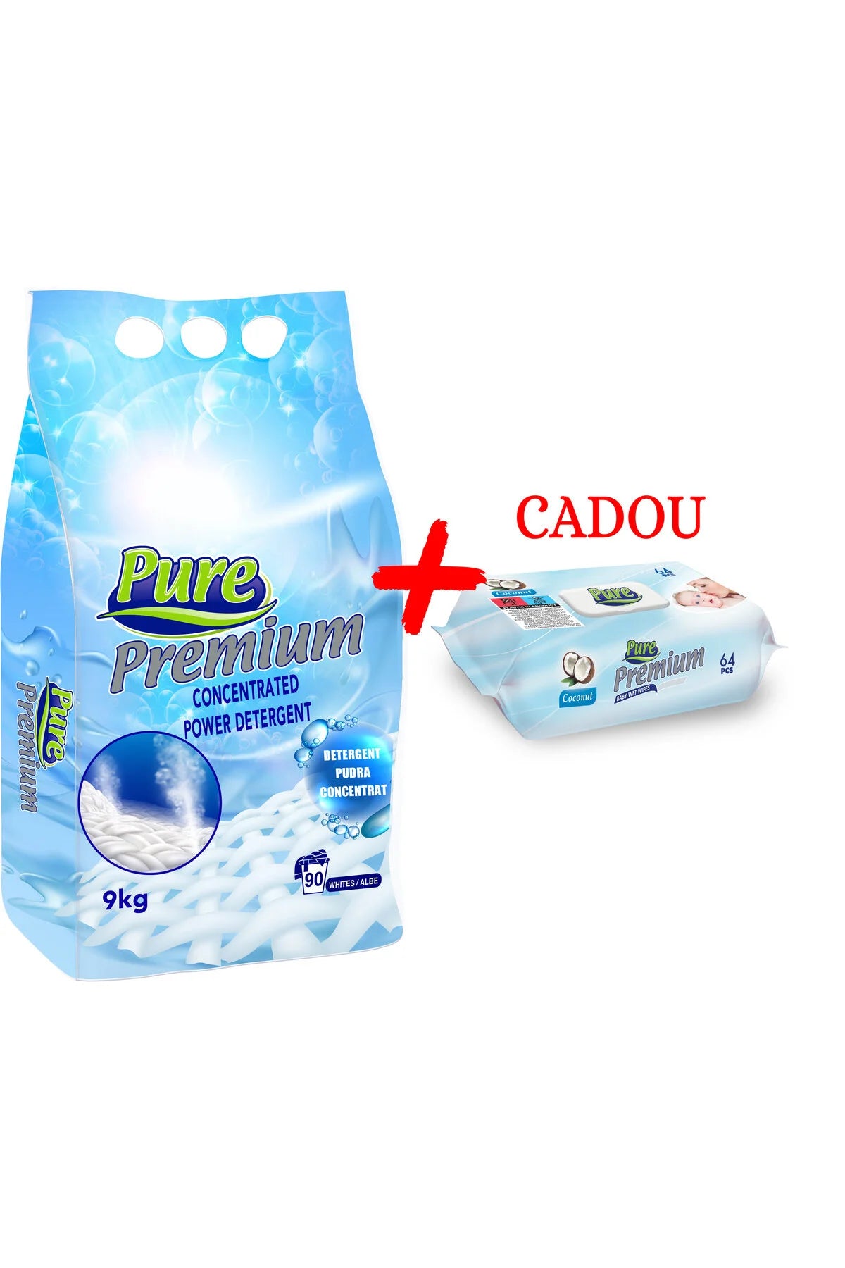 Detergent Pudră 9kg White + Șervețele 64 buc Coconut Cadou
