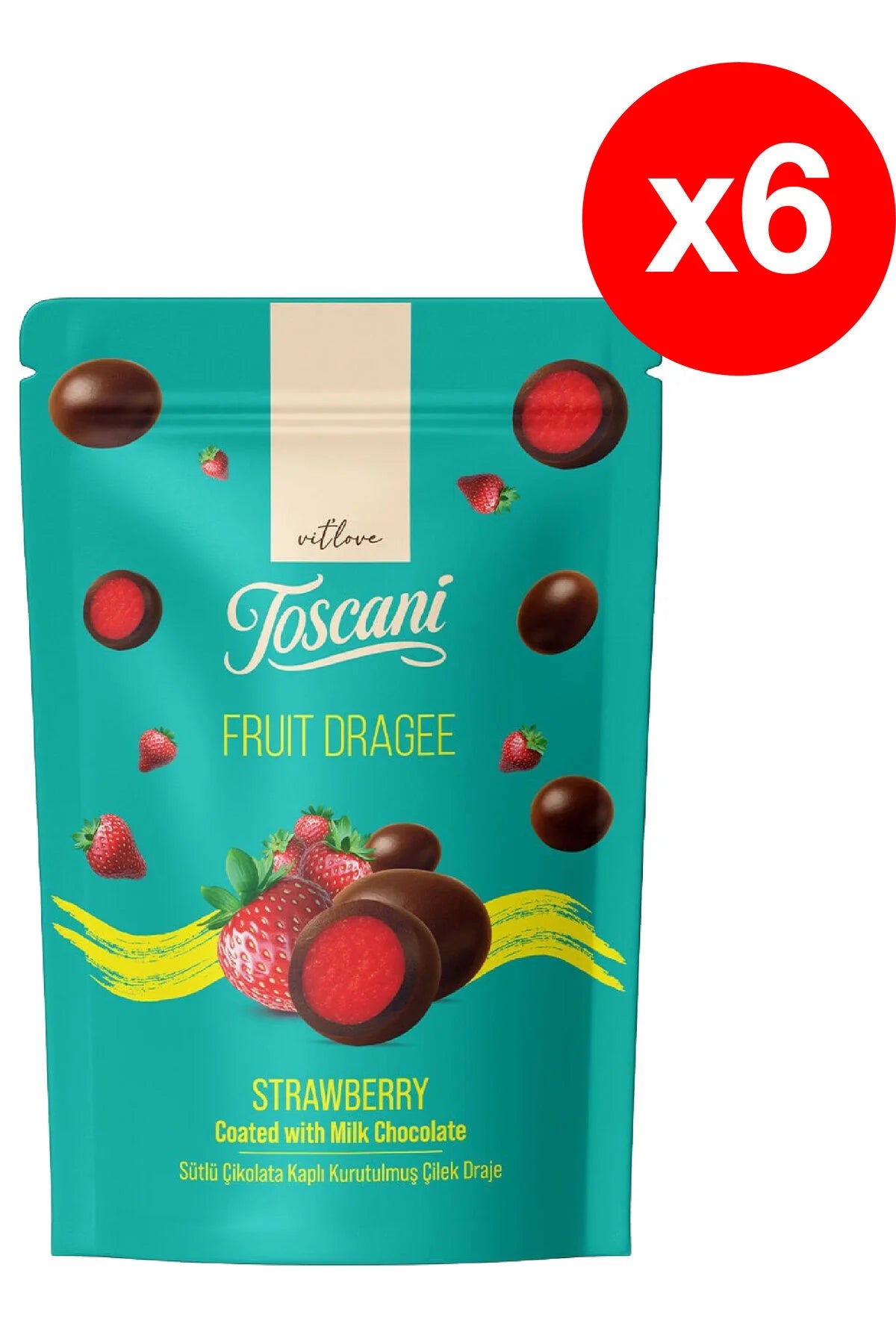 Toscani Premium Dragee cu Fructe – Căpșuni Liofilizate Încrustate în Ciocolată – Multipack Economic 6x80g (480g Total)