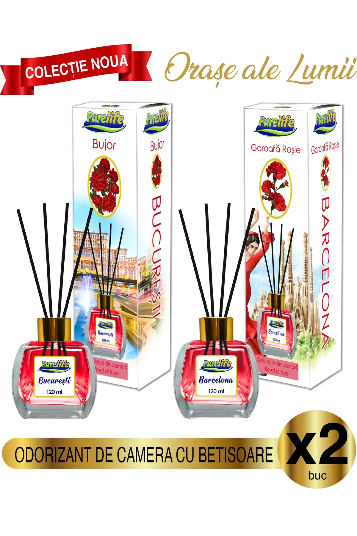 Set parfum de cameră Pure Life Bujor și Garoafă Roșie Barcelona 2 x 120 ml