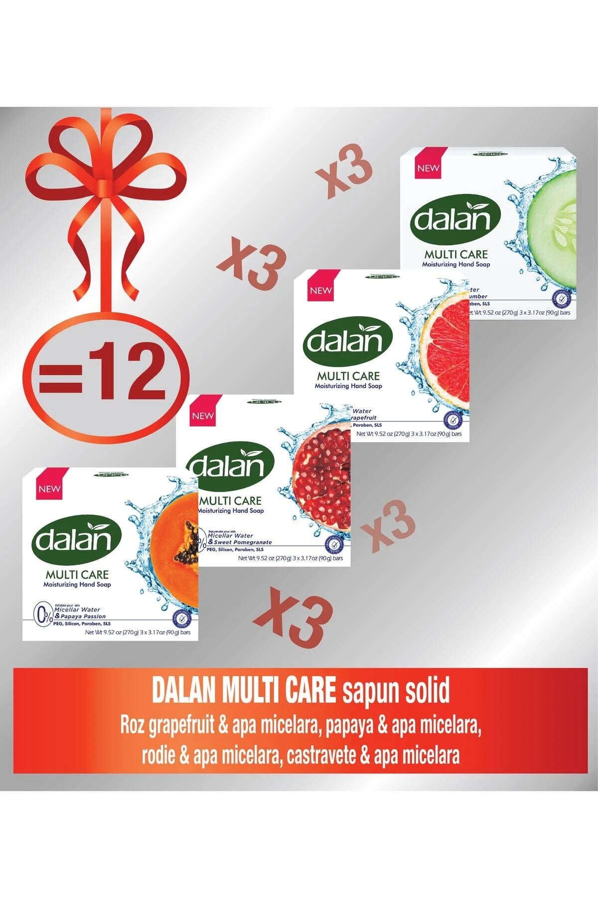 MultiCare Soap Set 4 x 3 (12 pcs) – Rose Grapefruit / Papaya / Pomegranate / Cucumber – 90 g