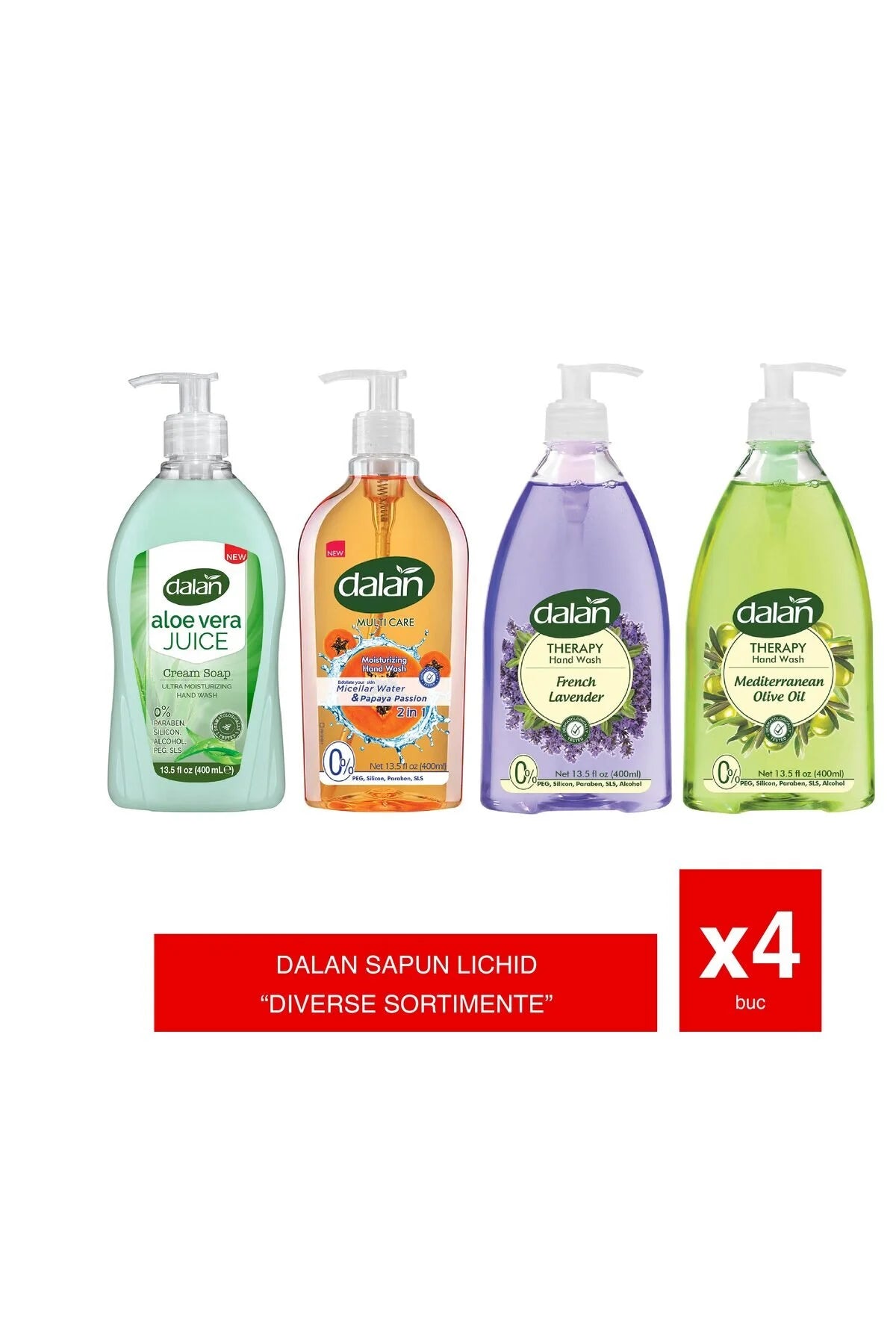 – Liquid soap 400ml, set of 4 varieties: lavender, aloe, olive oil, micellar water
