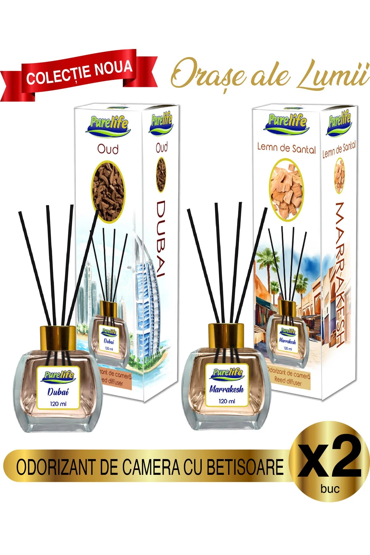 Set de parfumuri de cameră Pure Life Dubai Oud și Marrakesh Santal Wood 2 x 120 ml