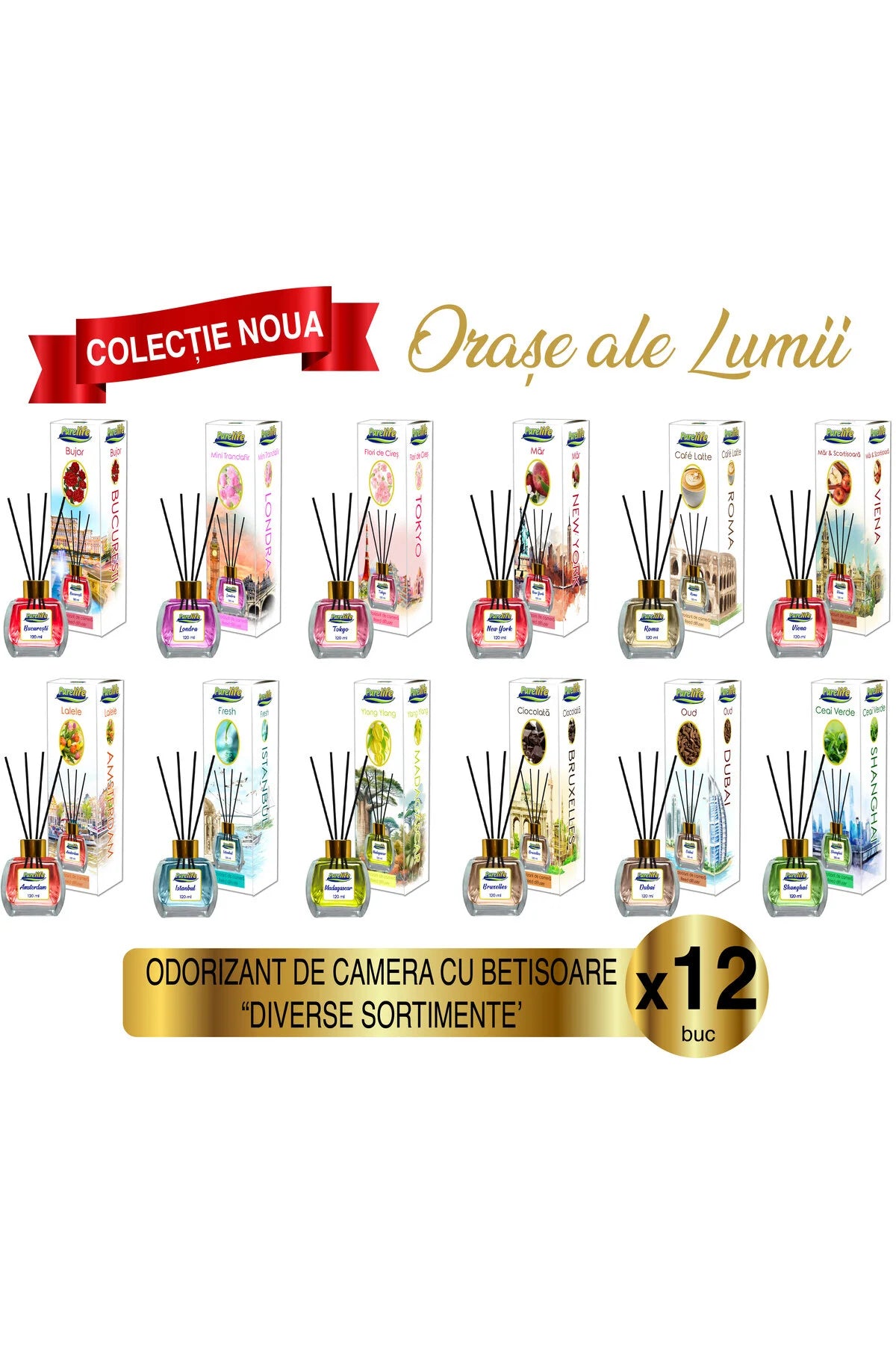 Set de parfumuri de cameră Pure Life City Collection, pachet de 12, 120 ml