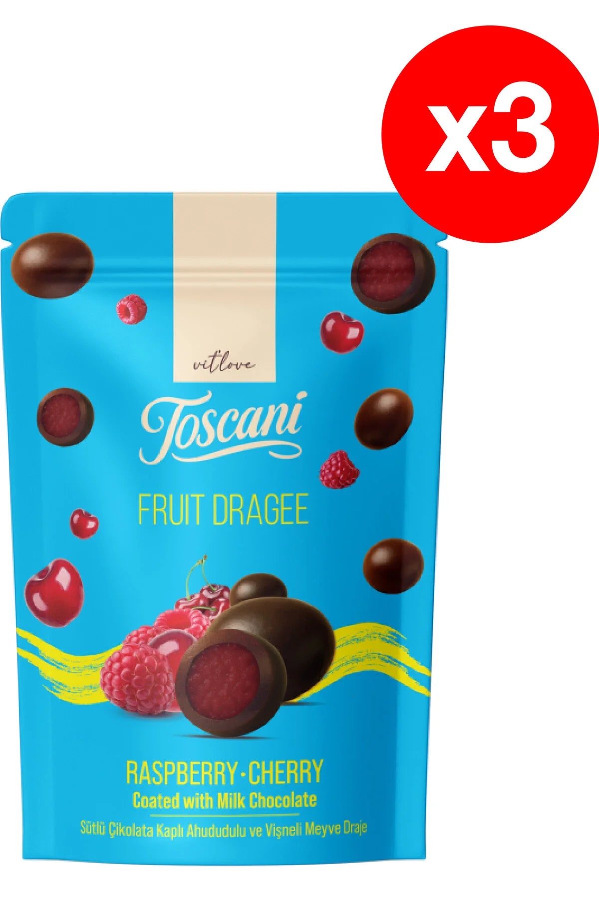 Toscani Premium Dragee cu fructe Zmeură și Cireșe Încrustate în Ciocolată – Multipack 3x80g (240g Total)