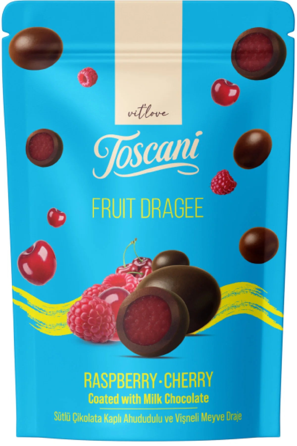 Toscani Premium Zmeură și Cireșe Liofilizate Încrustate în Ciocolată (80g) – Gustare Gourmet cu Fructe și Ciocolată