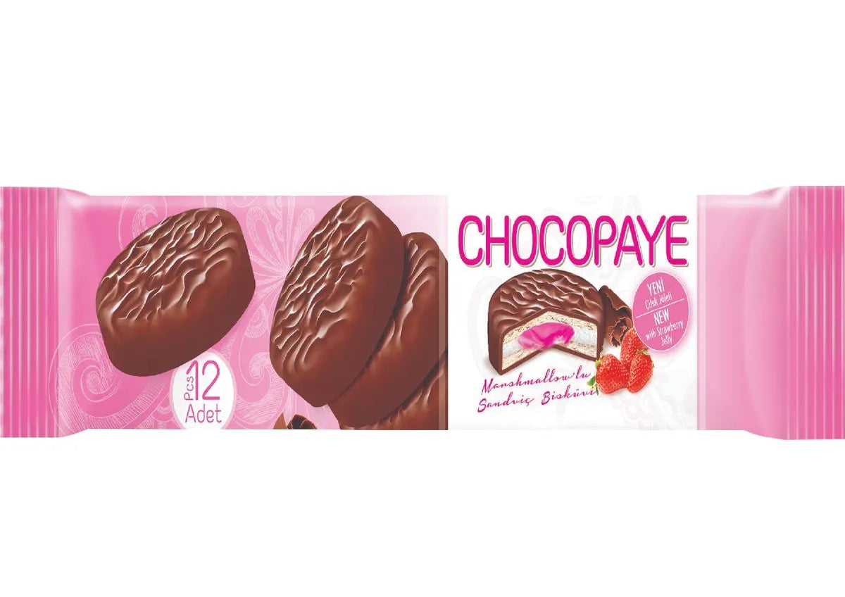 Paradise CHOCO PAYE – Biscuiti cu Marshmallow, Cocos si Glazura Capsuni – 216g x 12