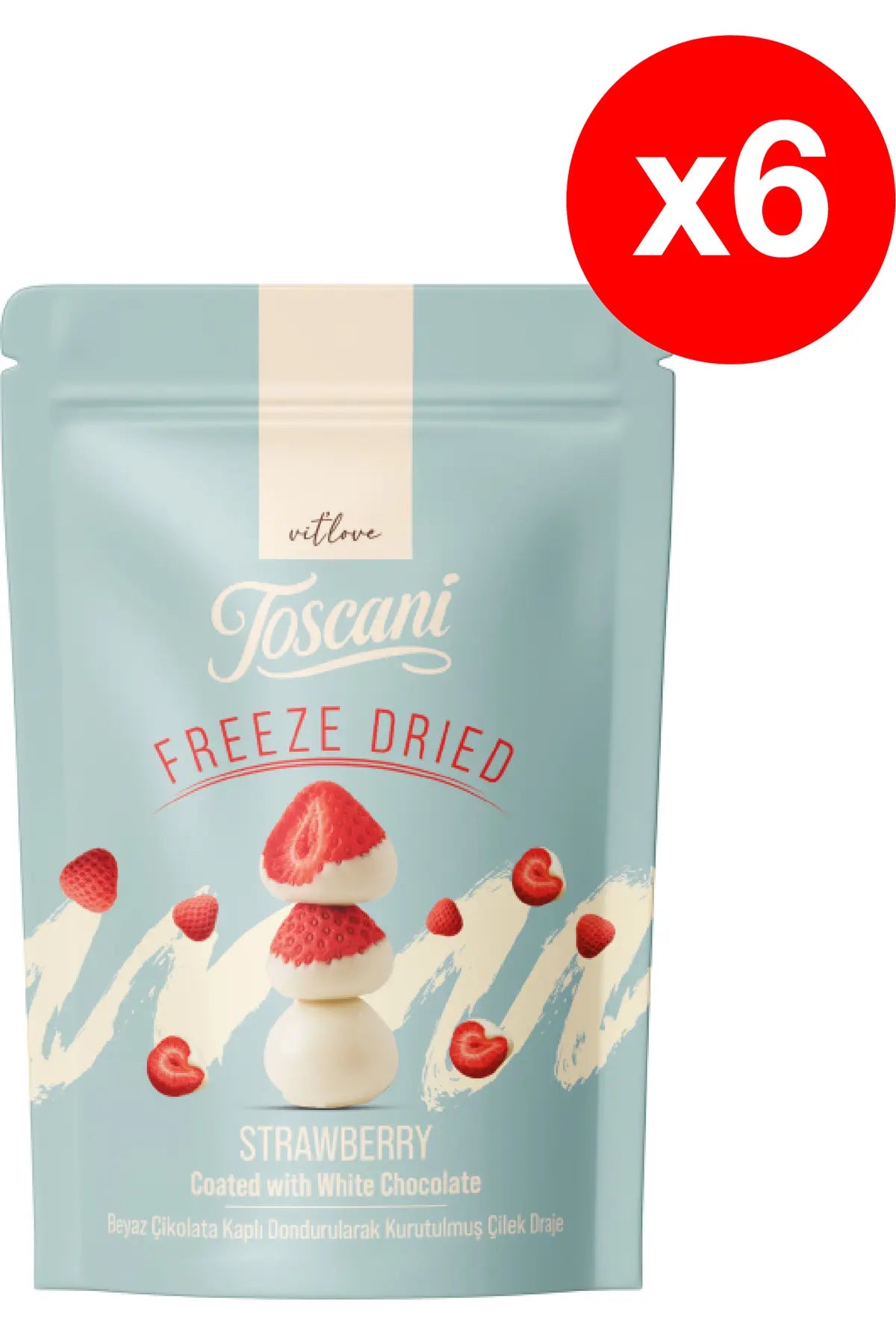 Toscani Premium Căpșuni Liofilizate Încrustate în Ciocolată Albă – Pachet Multipack Economic 6x80g (480g Total)