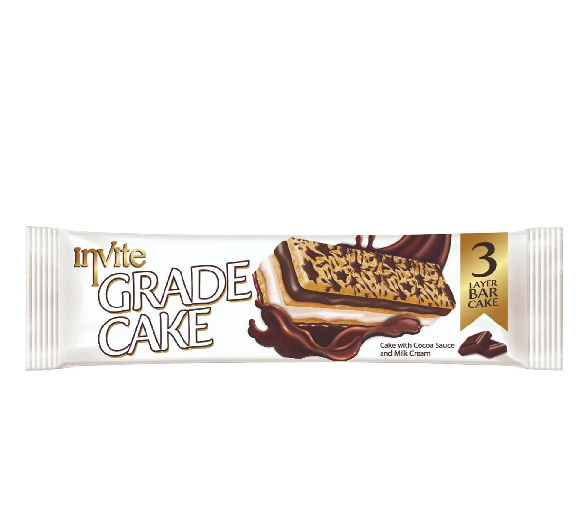 INVITE GRADE CAKE – Prajitura 3 straturi cu glazura de cacao, crema de lapte si sos de cacao 50g x 24 bucati