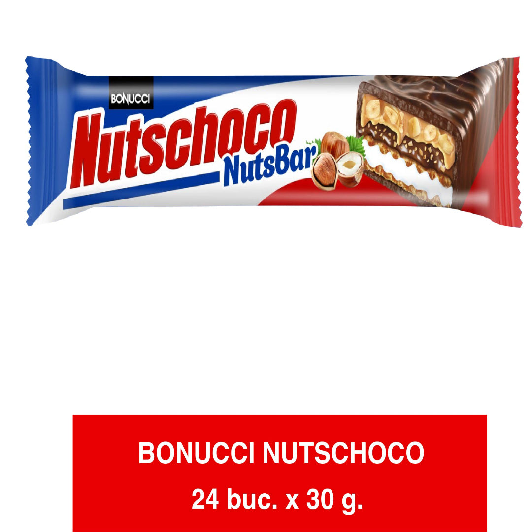Bonucci Nutscho  – Napolitane cu glazură de ciocolată și umplutura de alune 30g x 24 buc
