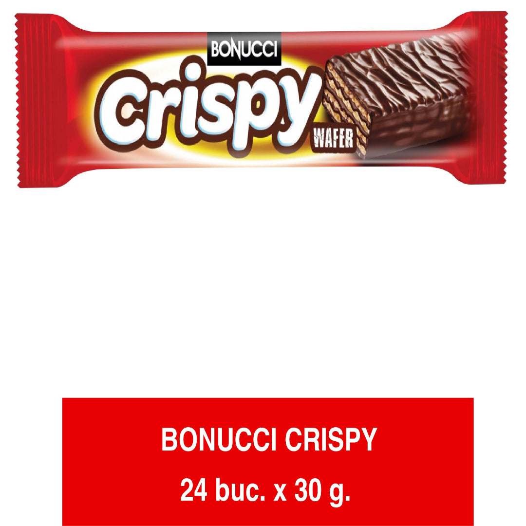 Bonucci Crispy – Napolitane cu glazură de ciocolată și cremă de ciocolată 30g x 24 buc