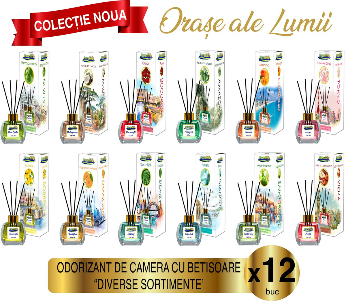 Pure Life – Reed Diffuser Set with Sticks, City Collection – Set of 12 x 120 ml
