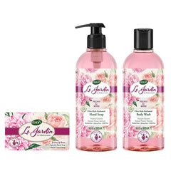 Set Le Jardin Trandafir 3 în 1 – Săpun Solid, Săpun Lichid și Gel de Duș cu Aromă de Trandafir