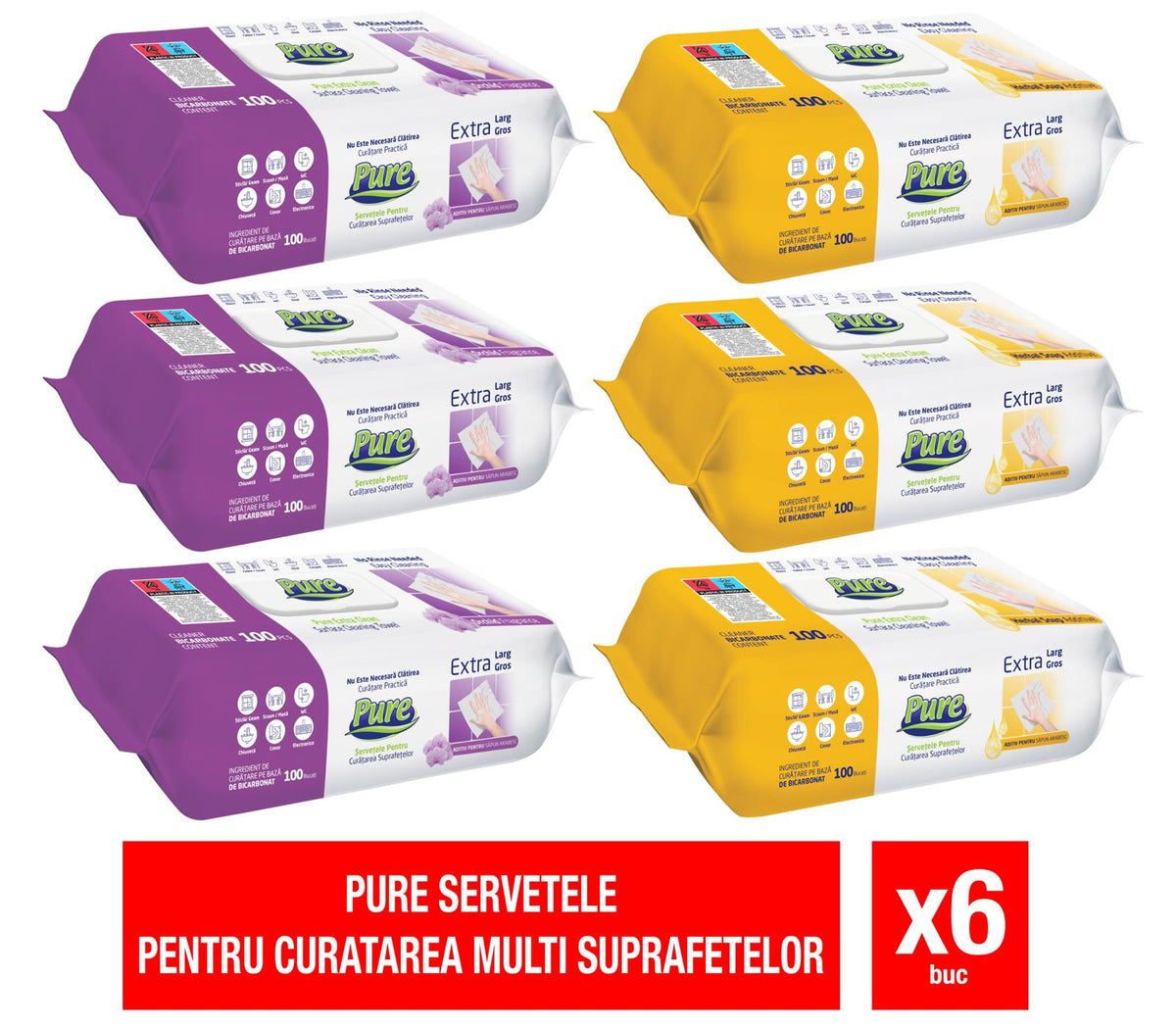 Pachet Promo Servetele umede pentru suprafete PURE 100buc/pachet - set 6 bucati diverse sortimente