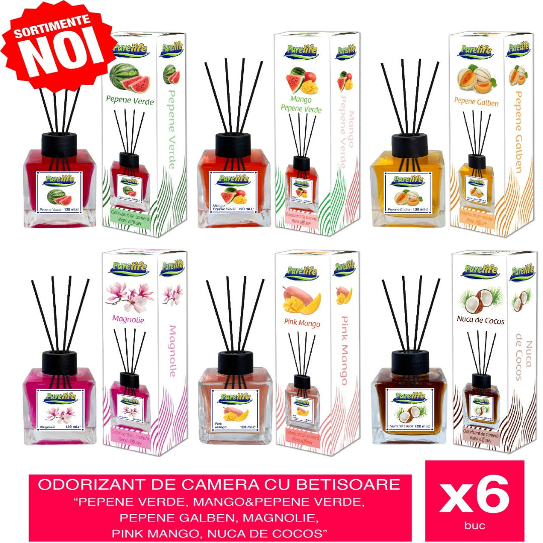 Pachet Promo - Odorizant De Camera Cu Betisoare (Pepene Verde, Mango&Pepene Verde, Pepene Galben, Magnolie, Pink Mango, Nuca De Cocos) 6buc