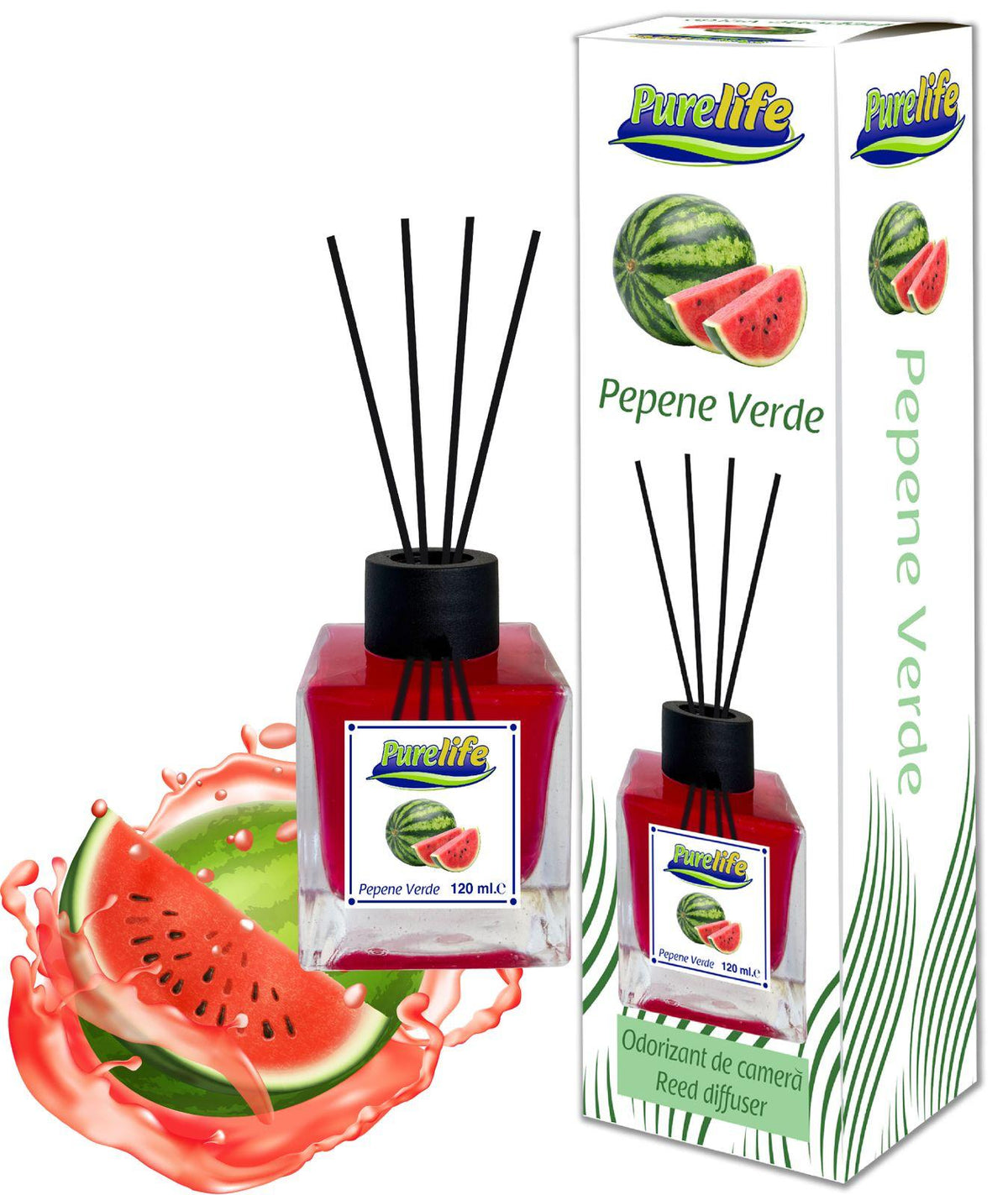 PureLife Odorizant de cameră cu bețișoare PureLife – Pepene Verde – 120 ml