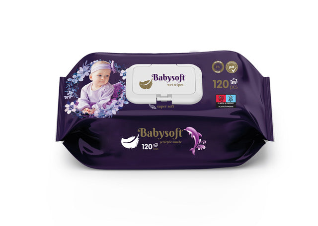 BABY SOFT Servetele umede pentru copii cu capac 120 buc mov