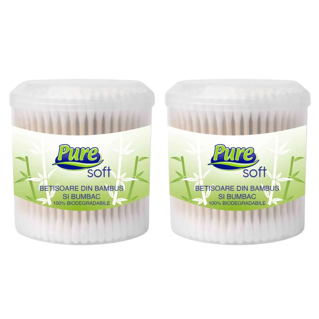 Pure Soft Bețișoare Igienice Bambus – 2 x 100 Bucăți - Naturale, Fără Plastic, Ecologice