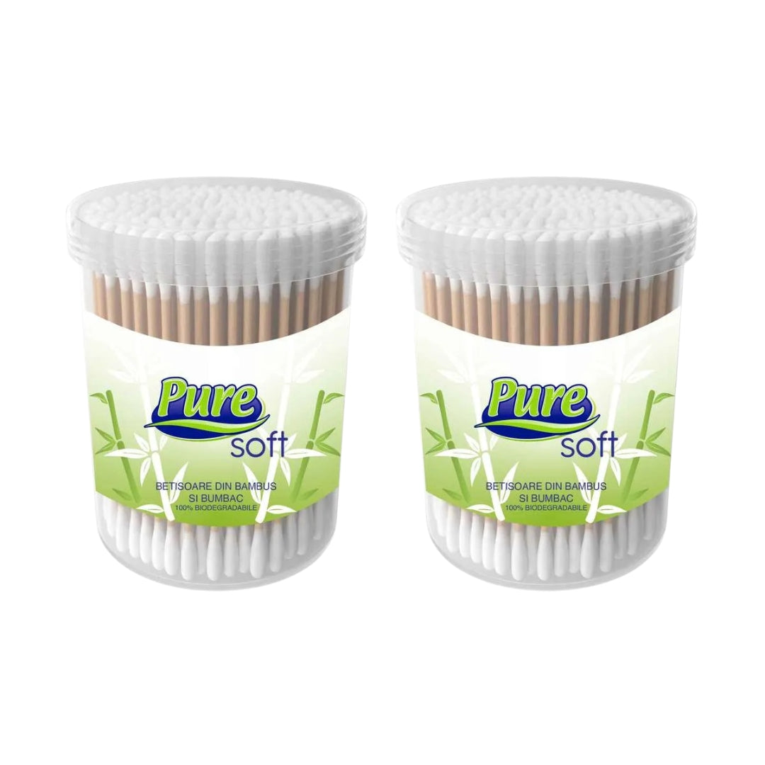 Pure Soft Bețișoare Igienice Bambus – 2 x 200 Bucăți - Friendly, Biodegradabil, Cutii Igienice