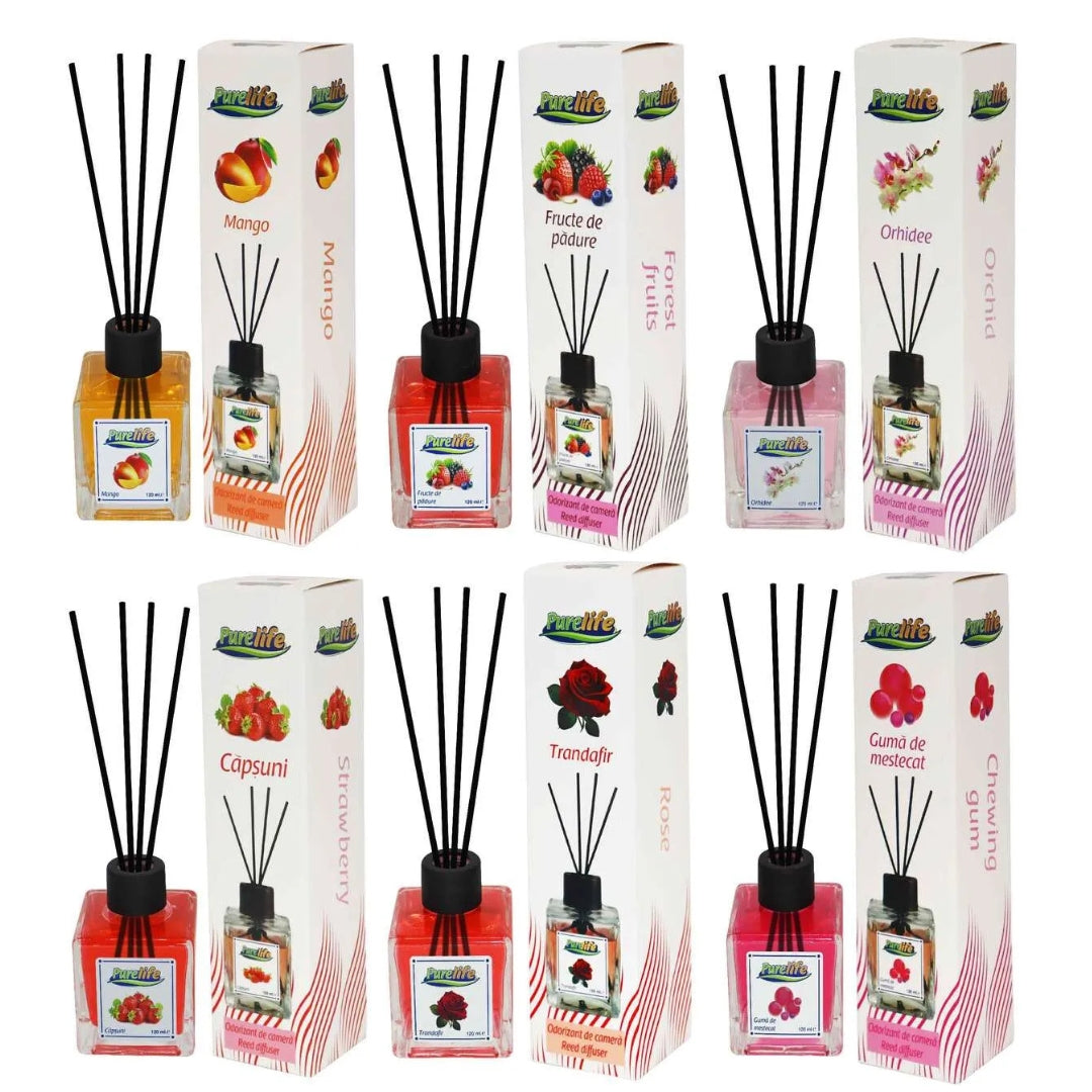 PureLife Odorizant cameră 120ml – Set 6 Arome: Mango, Fructe, Orhidee, Căpșuni, Trandafir, Gumă