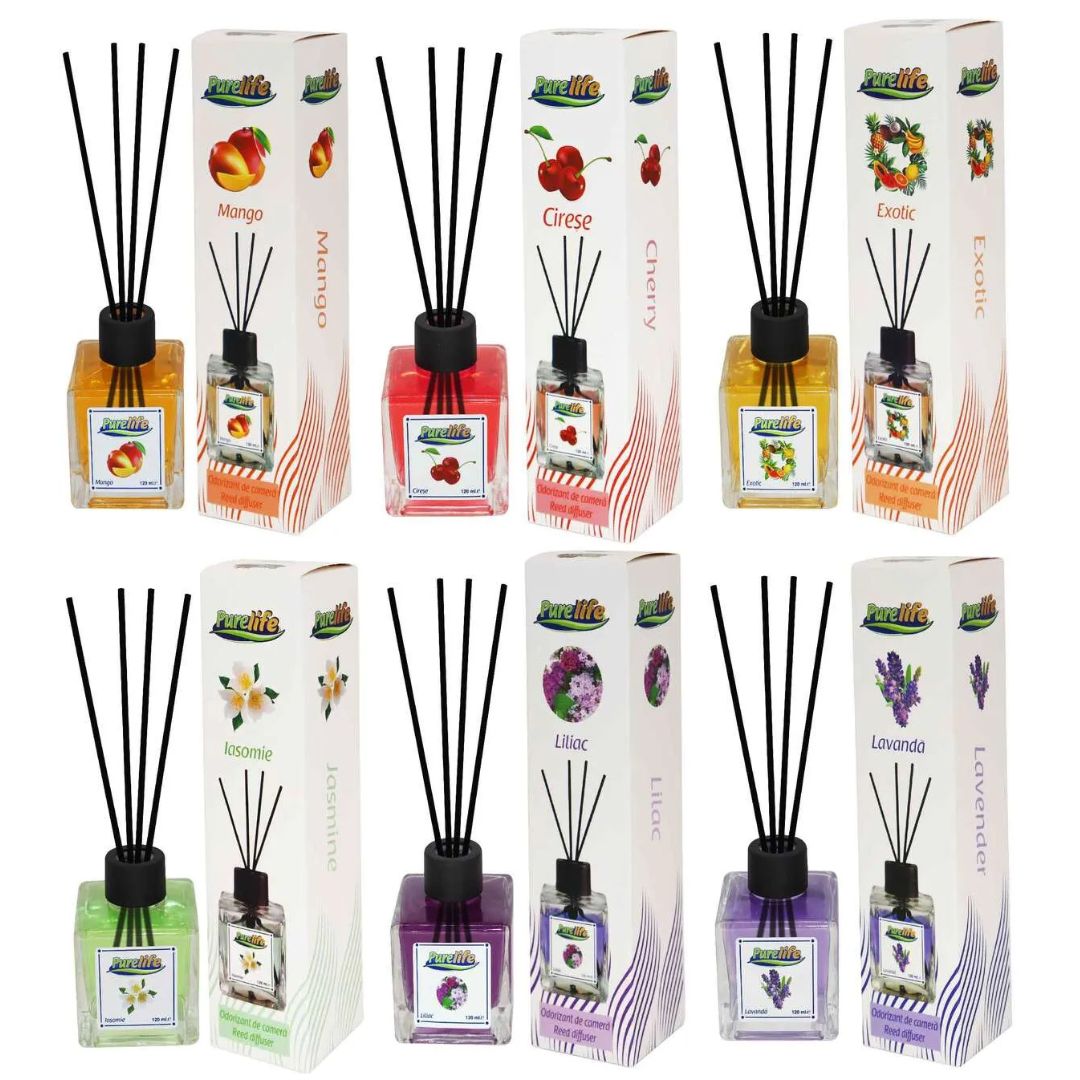 PureLife Odorizant cameră u bețișoare 120ml 6 Arome: Mango, Exotic, Cireșe, Iasomie, Liliac, Lavandă