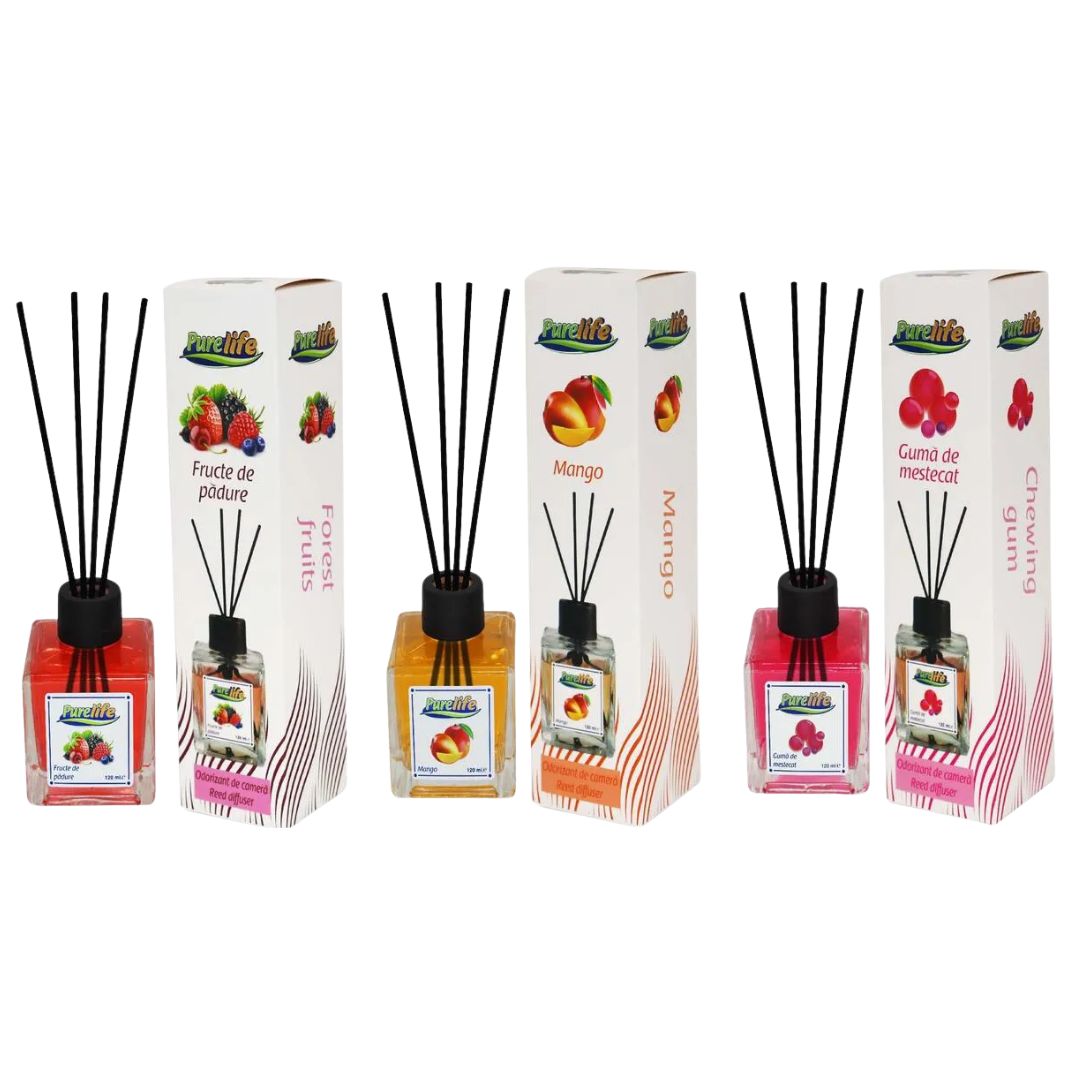 PureLife Odorizant cameră 120ml – Set 3 Arome: Mango, Fructe de Pădure, Gumă de Mestecat