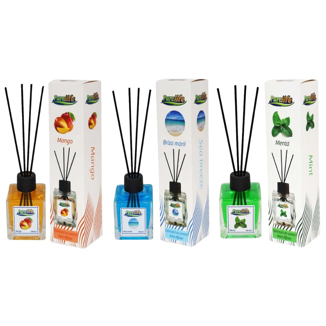 PureLife Odorizant de cameră cu bețișoare – 120 ml, Set 3 arome (Mango, Briza Mării, Mentă)