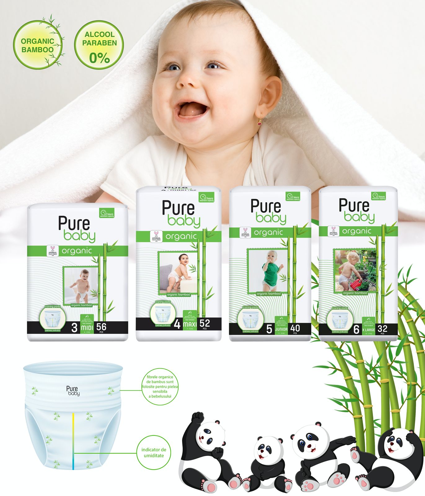 PURE BABY Organic Bamboo scutece Nr. 3 midi (4-10 kg), 56 buc