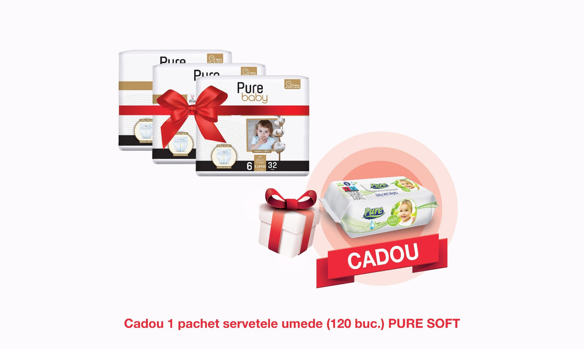 Pachet Promo: 3x PURE BABY Organic (6 X LARGE) + CADOU Servetele Umede Pure Soft (120 buc.)