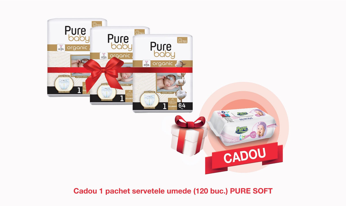 Pachet Promo: 3x PURE BABY Organic (1 NEWBORN) + CADOU Servetele Umede Pure Soft (120 buc.)