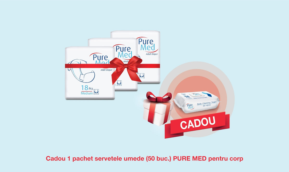 Pachet Promo: 3x PURE MED Scutece incontinenta adulti 18 buc (MEDIUM) + CADOU Servetele Umede Pure MED (50 buc.)
