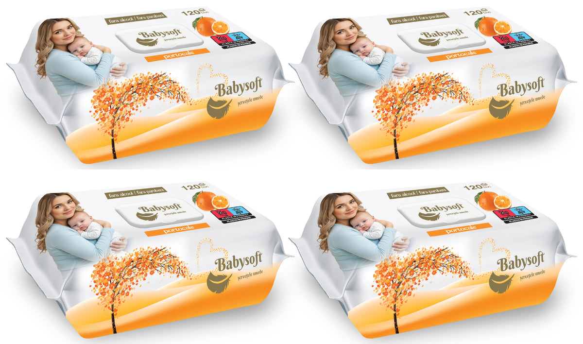 Set 4 pachete s Servetele umede Babysoft 120buc./pachet cu aroma de portocala