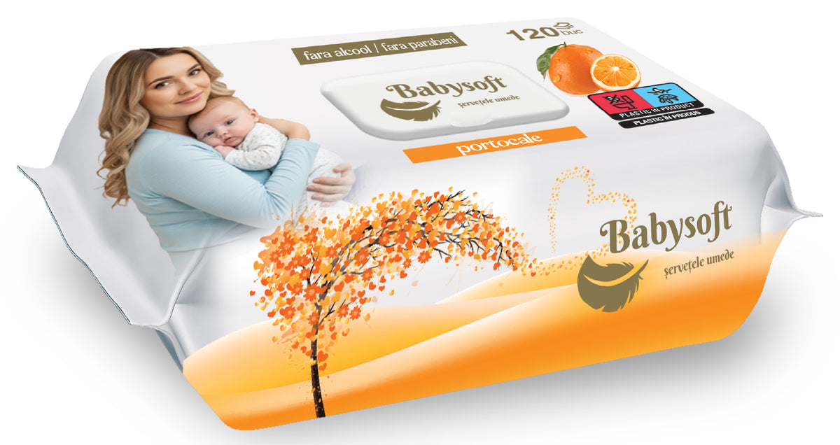 Servetele umede Babysoft 120 buc/ pachet cu aroma de portocala