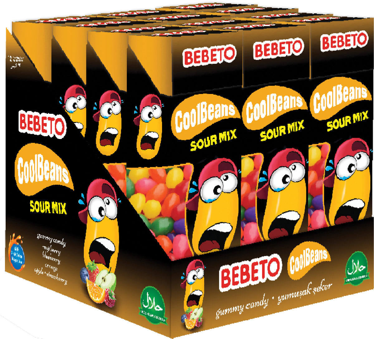 BEBETO Cool Beans Sour Mix – Jeleuri acrișoare în formă de boabe, 30 g x 12