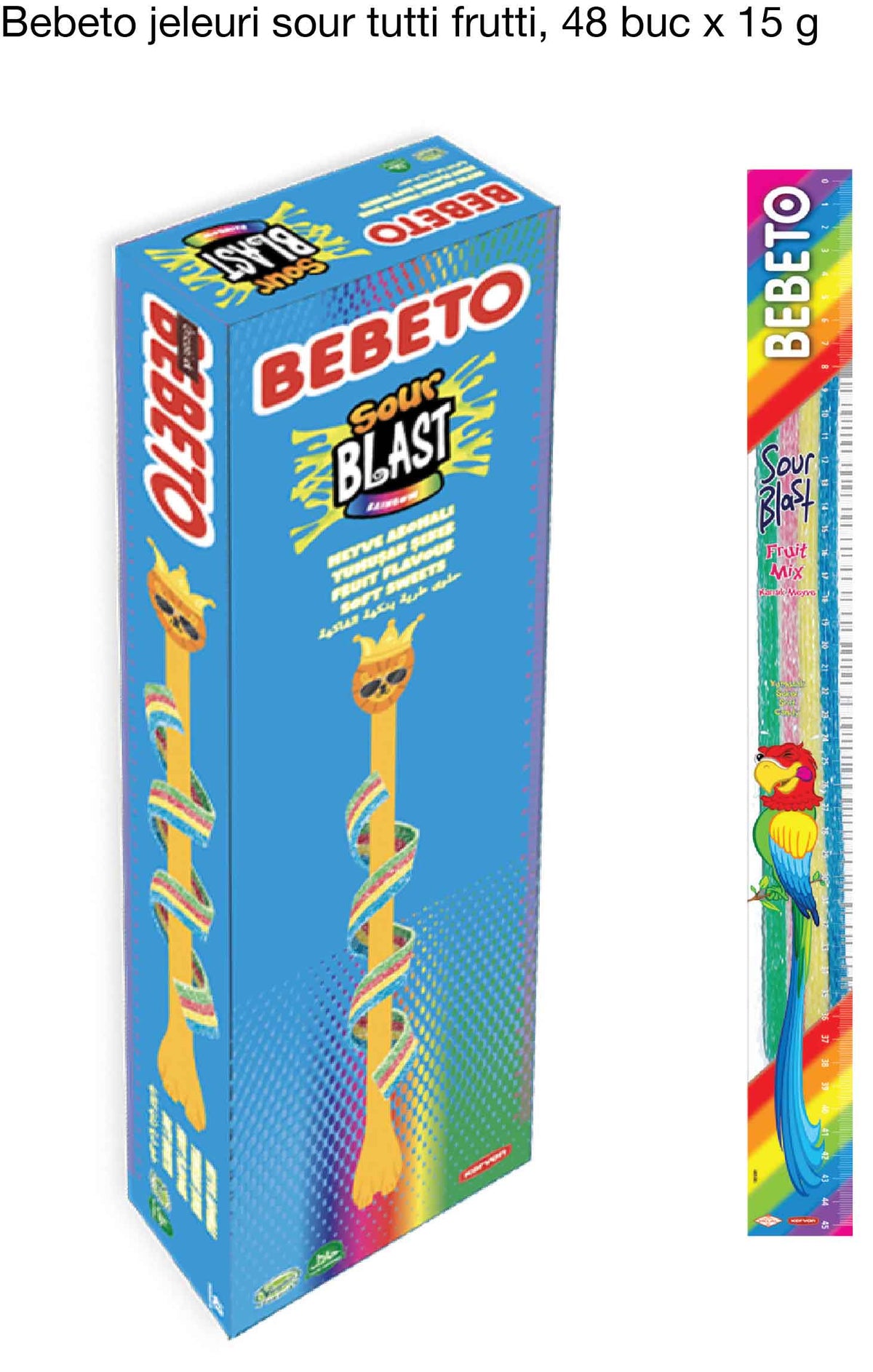 BEBETO Sour Blast – Tutti Frutti – 15g x 48 Bucăți - Jeleuri Acrișoare Umplute cu Gust Fructat Inten
