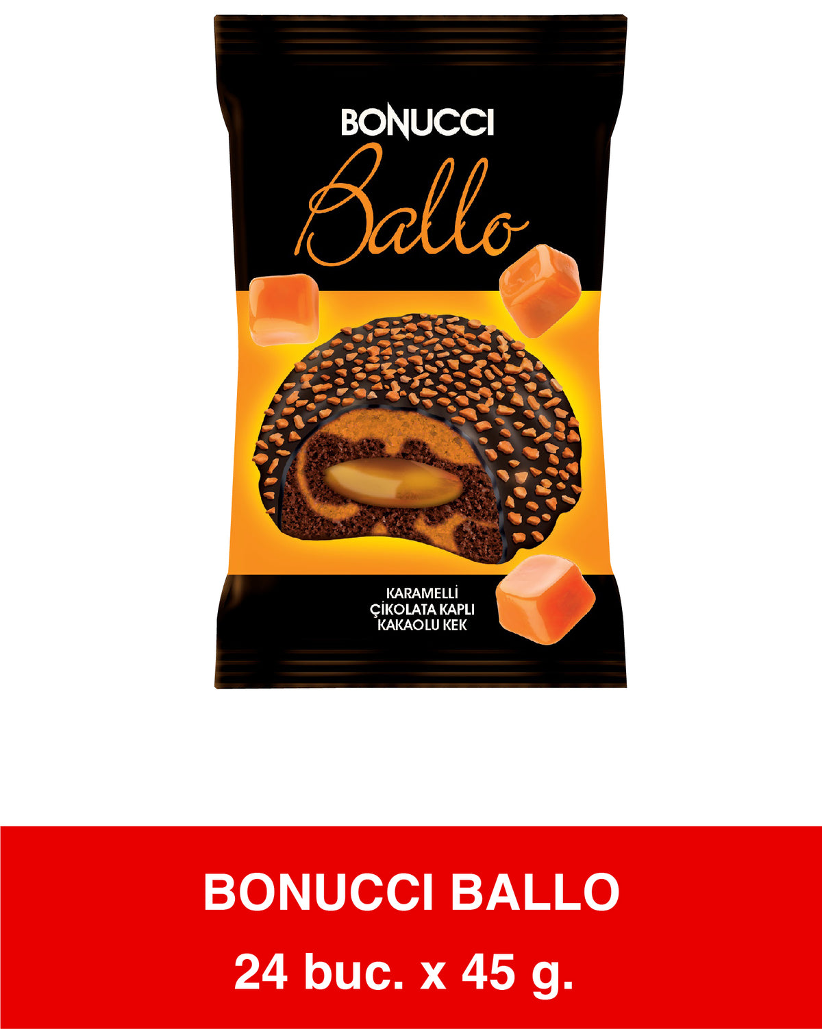 BONUCCI BALLO - Prajitura cu glazura de ciocolata si fulgi caramel si crema de caramel  45g x 24