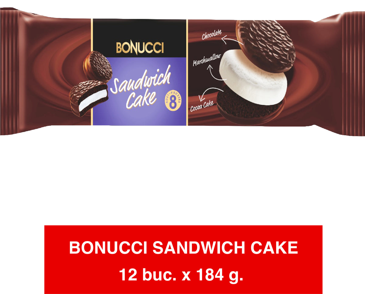 BONUCCI Sandwich Cake – Cake with cocoa base, chocolate glaze and cream 184g x 12 pieces