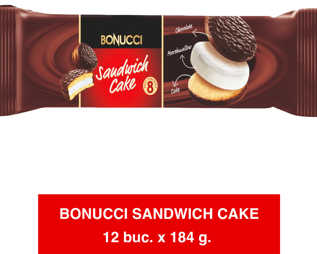 BONUCCI Sandwich Cake – Cake with vanilla base, chocolate glaze and cream 184g x 12 pieces