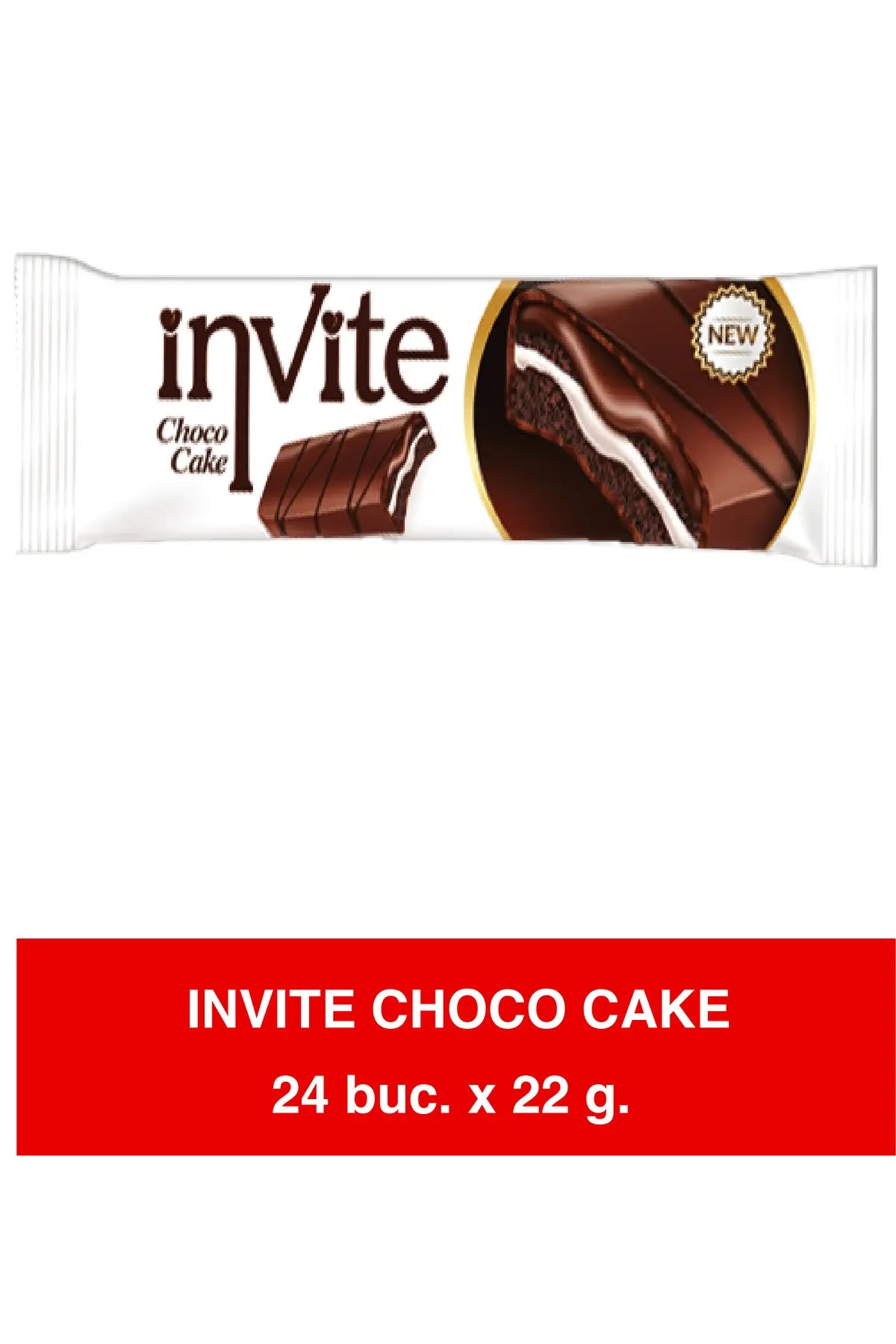 INVITE Choco Cake – Prăjitură de ciocolată tip sponge cu umplutură cremoasă și glazură de cacao – 22g x 24
